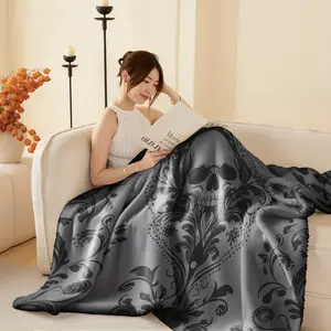 Mixed Color Ultra-Soft Flannel And Milk Velvet Blanket |   300GSM Anti-Static All-Season Throw For Bed, Sofa, Couch And Office, Lightweight Warm, Washable, Non-Fading With Skull Pattern Design, Contemporary Style, Polyester