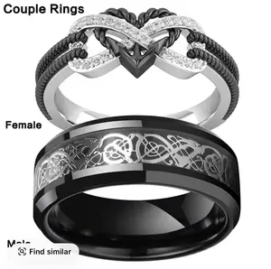 Romantic Couple Rings - Black Cubic Oxidized Zirconia Engagement and Wedding Jewelry, Gift for Girlfriend or Fiancée