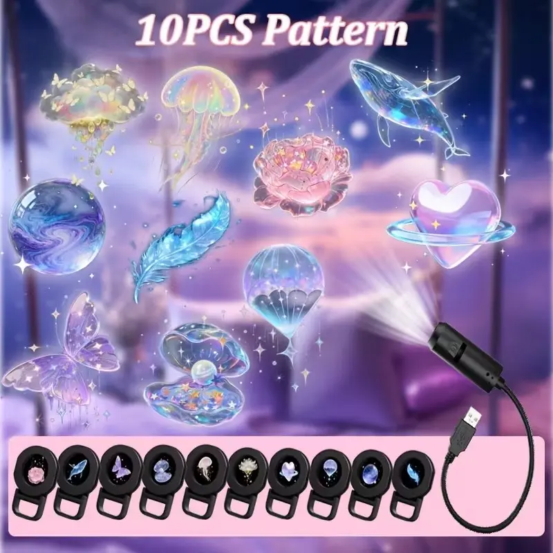 3/6/10pc LED Dream Projection Atmosphere Night Light, 360° Rotating Projector with Rose, Whale, Butterfly, Cloud & Planet Patterns, LED Mood Lighting