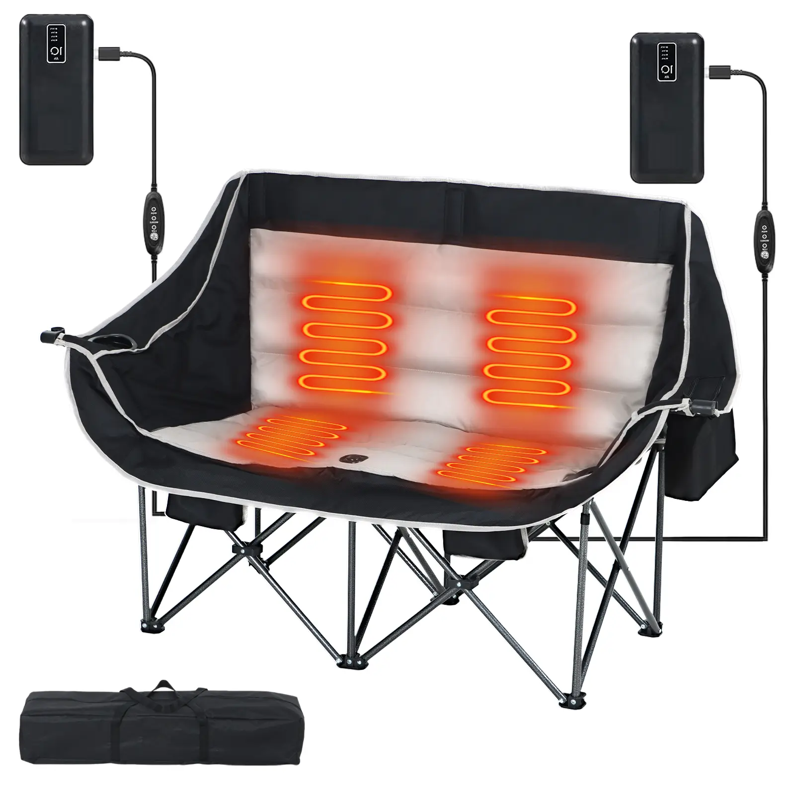 Oversized Heated Double Camping Chair, Padded Loveseat with Built-in Cooler, Cup & Wine Holders for Outdoor Adventures, Comfortable Resting Spot, Cozy, Oversized Padded Design, Double Use, Wine Holder, Two-Person Fit