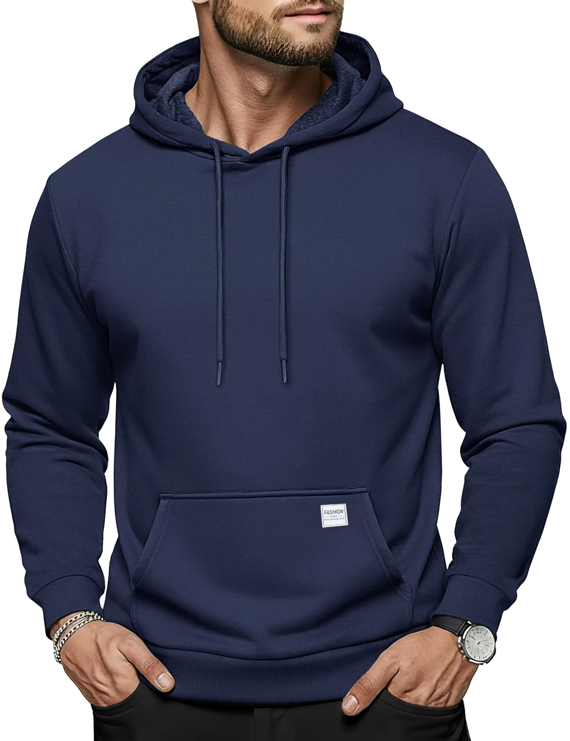 Men's Fleece-Lined Sweatshirt Hoodie - Thick, Warm, Soft, Sporty Chic - Casual Sport Top for Hiking/Light Outdoor Winter Wear, Kangaroo, Long Sleeve