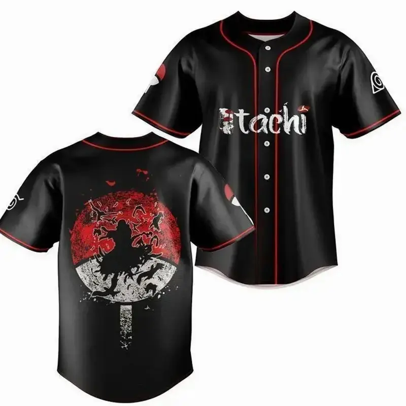Ita.chi Uchiha Anime Baseball Jersey, Premium Akatsuki Uchiha Clan Button Up Shirt, Breathable Polyester Streetwear, Perfect Gift for Otaku & Cosplay Fans
