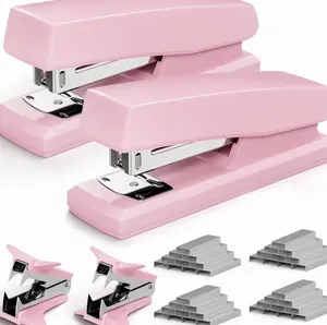 2 Pack Pink Office Staplers, 25-Sheet Capacity with 4000 Staples and 2 Staple Removers, Desktop Stapler, Pink Office Supplies for Students and Office Clerks
