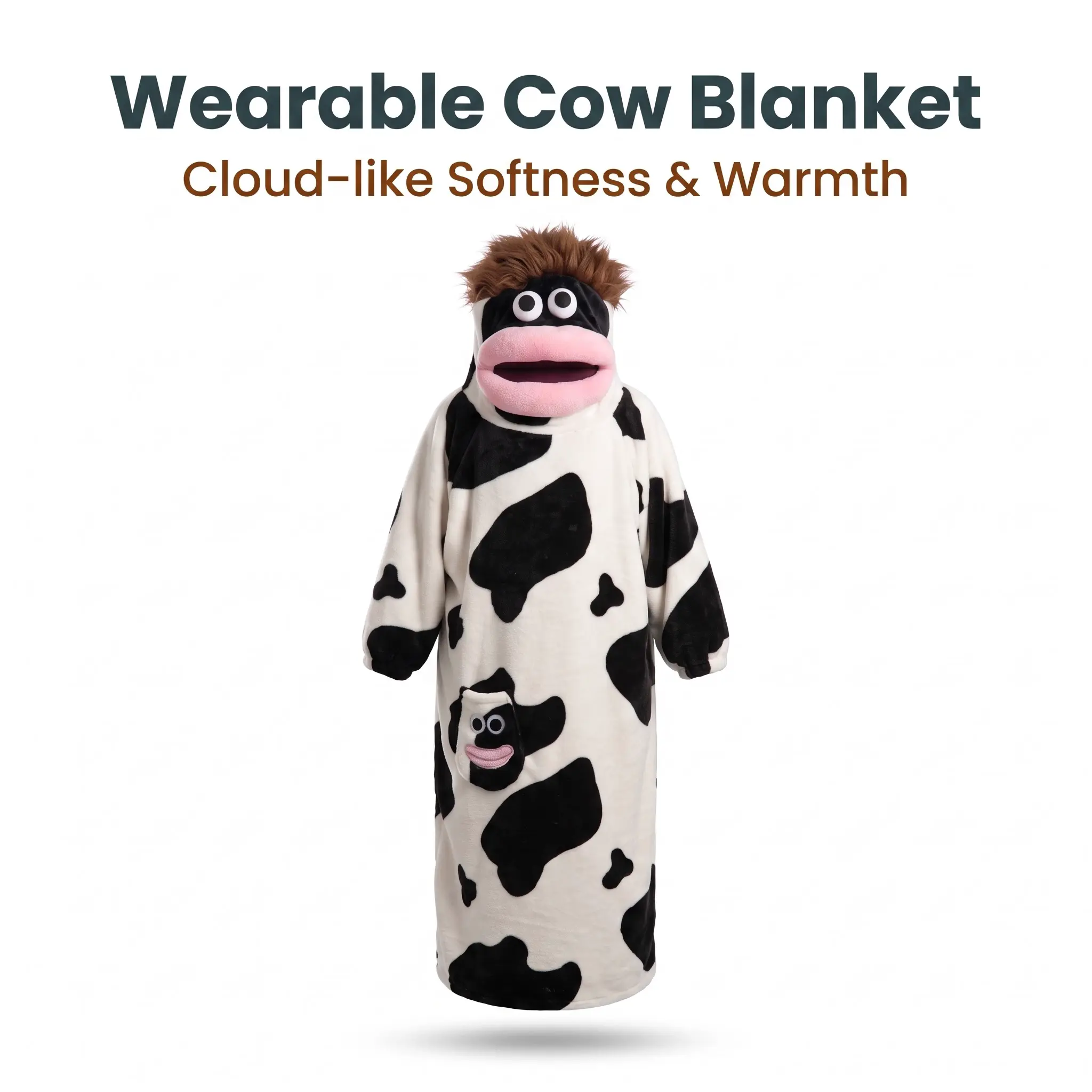 Cow Sherpa Fleece Wearable Blanket Hoodie, Funny Big Mouth Puppet Pocket Oversized Robe, Cozy Unisex Animal Onesie Pajamas for Adults, Halloween Cosplay Gift