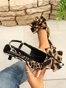 Women's Leopard Print Bow Slingback Kitten Heel Pumps, Pointed Toe Low Heel Back Strap Party Shoes
