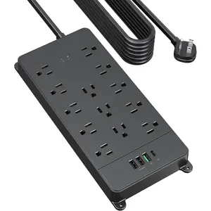 Surge Protector Power Strip 15 ft, Flat Plug Extension Cord with 32W USB C & QC 3.0 Charger, 4000 Joules, ETL Listed, 13 Wide Spaced Outlets, Heavy Duty, Wall Mount for Home Office, Black