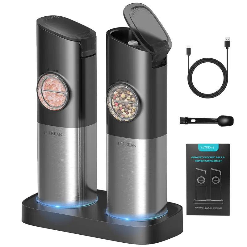 Ultrean Sturdy Durable 2-Piece Modern Rechargeable Electric Salt & Pepper Grinder Set, Stainless Steel Kitchen Seasoning Utensils with Gravity-Operated Auto Grind, Adjustable Coarseness & Flow, Flip-Top Covers, LED 1-Hand Operation