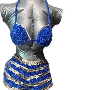 True Blue Set Fluffy Festy Edition Soft Chenille Triangle Bikini & Drawstring Shorts for A B C Cups Beachwear Festival Gear