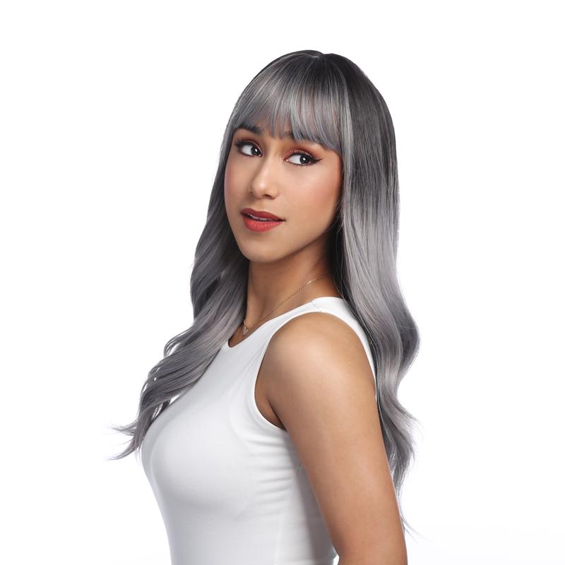 19-Inch Subtle Blue-tinted Smokey Silver Ombré (Black Roots) Gentle Wave Synthetic Wig | 【Heat Resistant】【Cap Included】 | FSGB