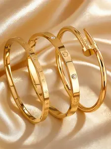 3-Piece Stainless Steel Bangle Set, Elegant Heart Pattern, Unisex Daily Wear, Non-Tarnish Jewelry, Perfect Gift, All Seasons