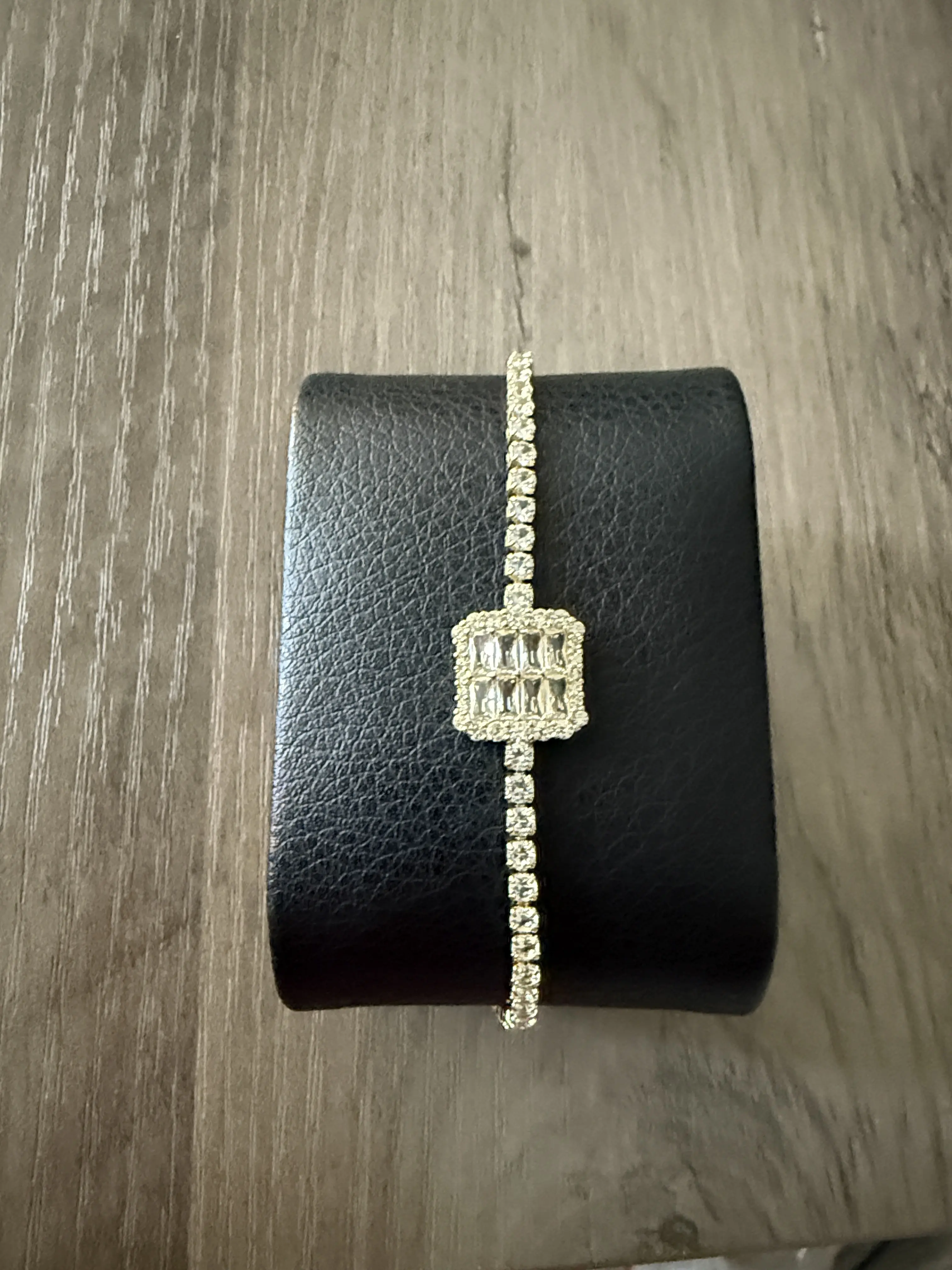 Gold Plated Dainty Rhinestone Tennis Bracelet with Square Crystal Cluster