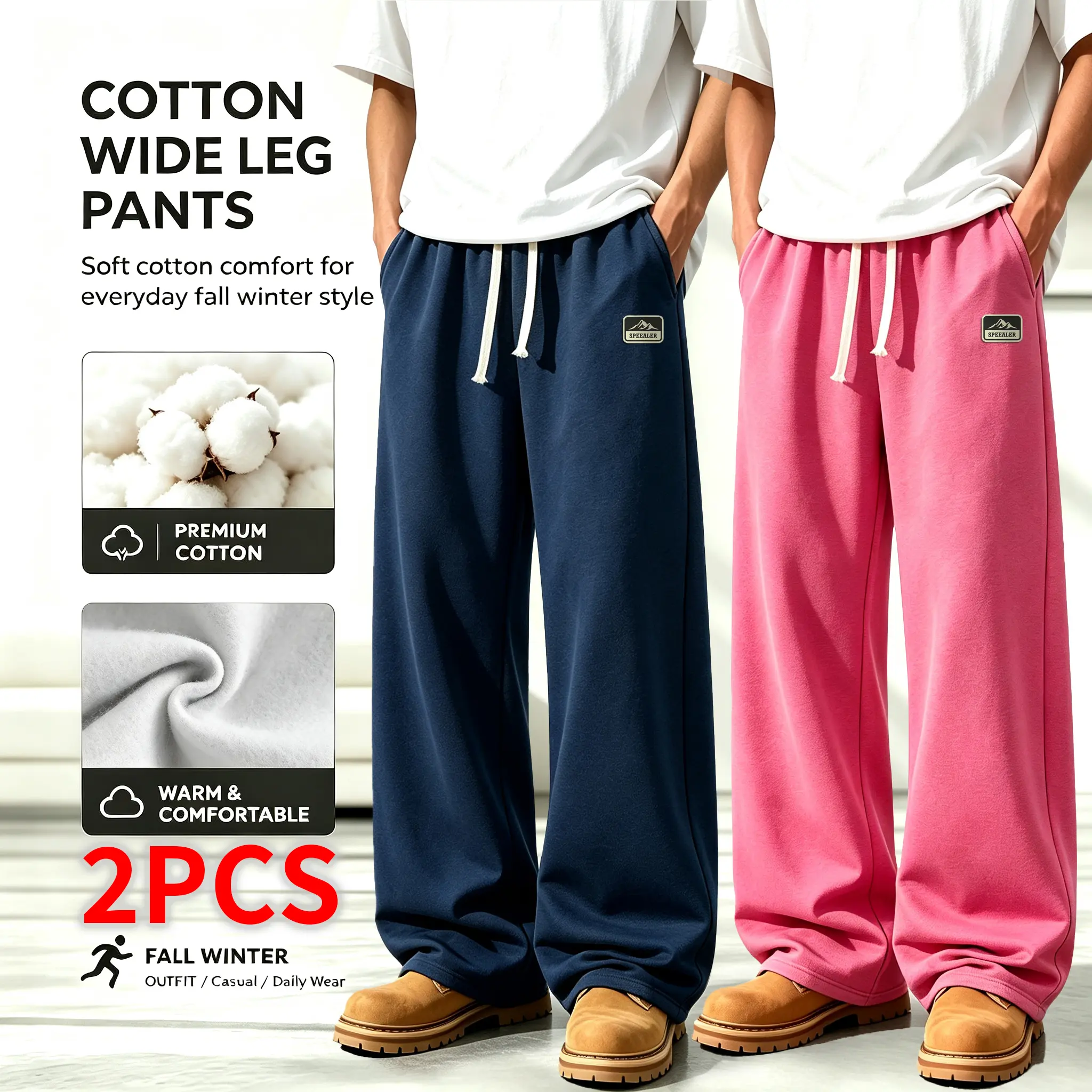 Men's Minimalist Plain Cotton/Poly Wide Leg Athletic Sweatpants (1-Pack/2-Pack Options) - Ankle Length, Loose-Fit Warm Drawstring Waist Pants with Side Pockets for Autumn Winter Casual Street Style