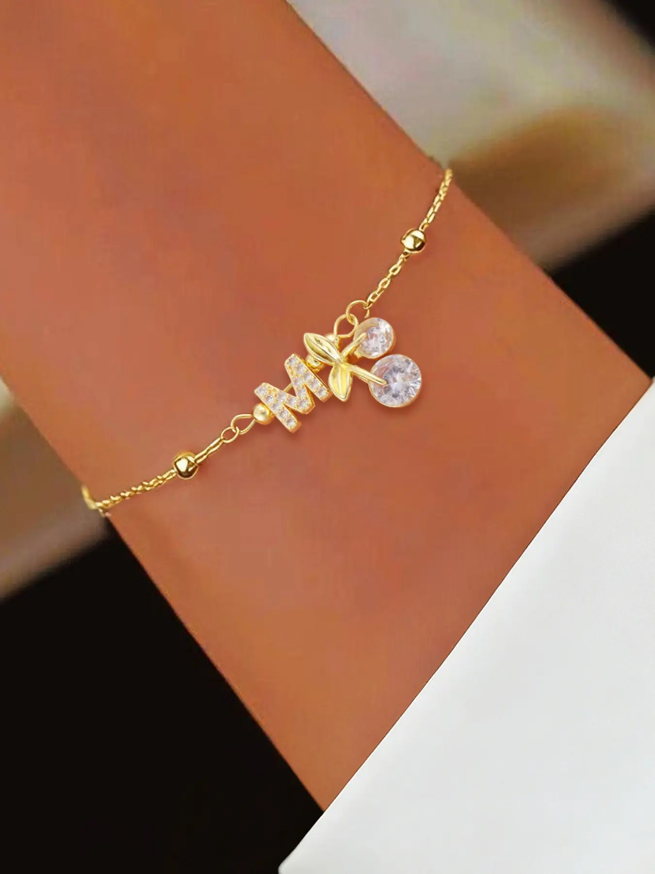Women's Zirconia Initial Cherry Letter Link Bracelet, Stainless Steel Ball Chain, Casual Fashion Jewelry for All Seasons