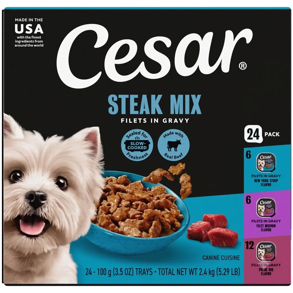 Cesar Filets In Gravy Variety Flavors Wet Dog Food Adult 3.5 oz Easy Peel Trays 24 Pack Real Meat Topper Adult Dogs