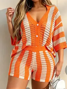 Plus Size Women's V Neck Striped Two-Piece Set, Casual Loose-Fitting Short Sleeve Top and Skirt, Spring Summer Fashion, Vneck, Womenswear
