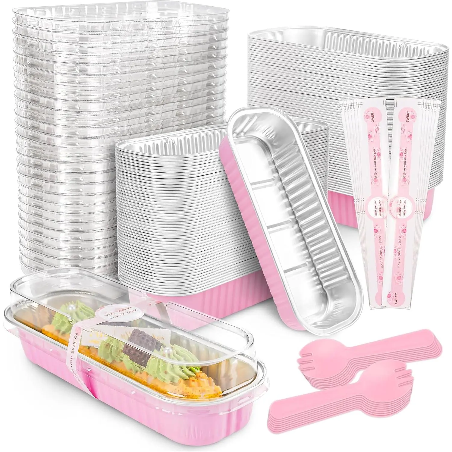 100 Pack Mini Cake Pans with Lids and Spoons Rectangular Aluminum Foil Baking Pans Mini Cheesecake Containers(6.8oz)