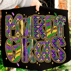 Mardi Gras Shirt Retro Glitter Letters, Fat Tuesday Carnival Graphic Tee, Colorful Masquerade Party Design, Fleur de Lis Mardi Gras Shirt