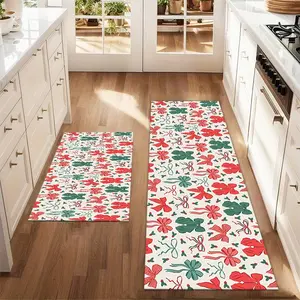 2pcs Christmas and New Year printed kitchen rug Green and red bows retro . New year pres Floor Mat Set Farmhouse Kitchen Rug Dining Room Flooring Laundry Room Decor Carpet Mat Floral Rugs