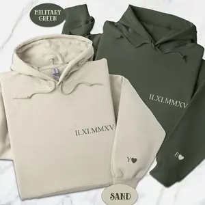 Custom Roman Numeral Date Sweatshirt, Matching Couples Valentines Day Gift, Personalized Anniversary Date Hoodie With Initials On Sleeve T-shirt, Hoodie and Sweatshirt 6
