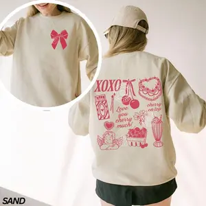 Women’s Valentine’s Day Sweatshirt, Vintage Coquette Valentine Crewneck, Cherry Cake Graphic Shirt, XOXO Heart Love Pullover