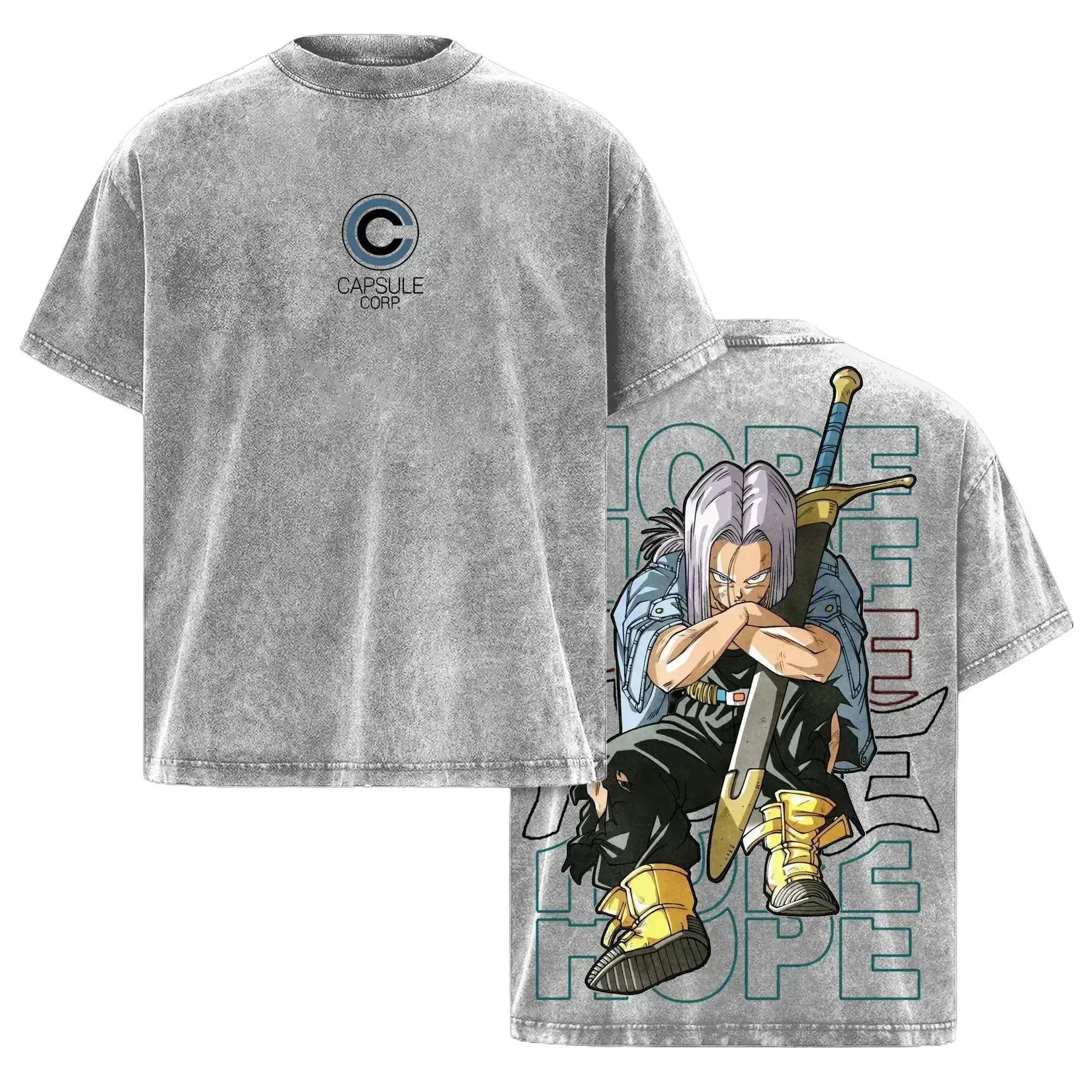 Future Trunks Vintage Washed Graphic Tee Unisex DBZ Capsule Corp Streetwear Anime T Shirt Saiyan Warrior Apparel Gift for Dragon Ball Fans Oversized Acid Wash Cotton Y2K Clothing Trendy Japanese Manga Merch For Men Women