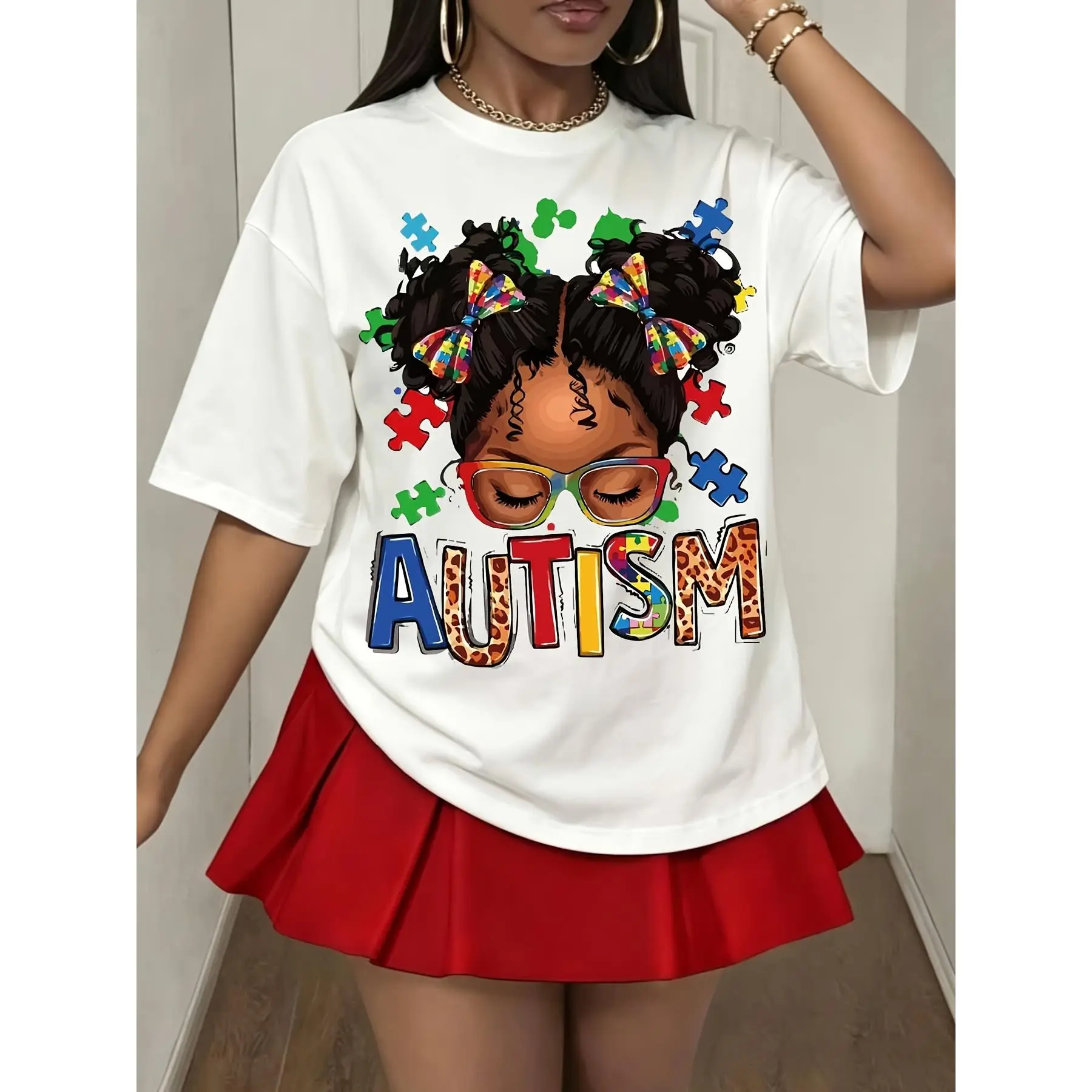 Women's Oversized Autism Awareness T-Shirt - Colorful Puzzle Pieces Girl Graphic, Essential Fabric, Autism Acceptance Month Gift, Neurodiversity Support Top, Casual Daily Summer Outfit, Educational Event Advocacy Apparel