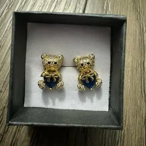 Bear Stud Earrings - Gold Bear Design with Blue Accents, Elegant and Unique Style