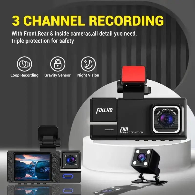 1080P Dash Camera For Cars, 3 Channel Dash Cam Front And Rear Inside, With Free 32GB SD Card, Dashcams For Cars With Night Vision, G-Sensor,Loop Recording, Motion Detection