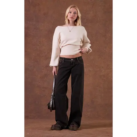 Pacsun Women's Kaia Ultimate Low Rise Baggy Jeans Contrast Stitch Faded Black