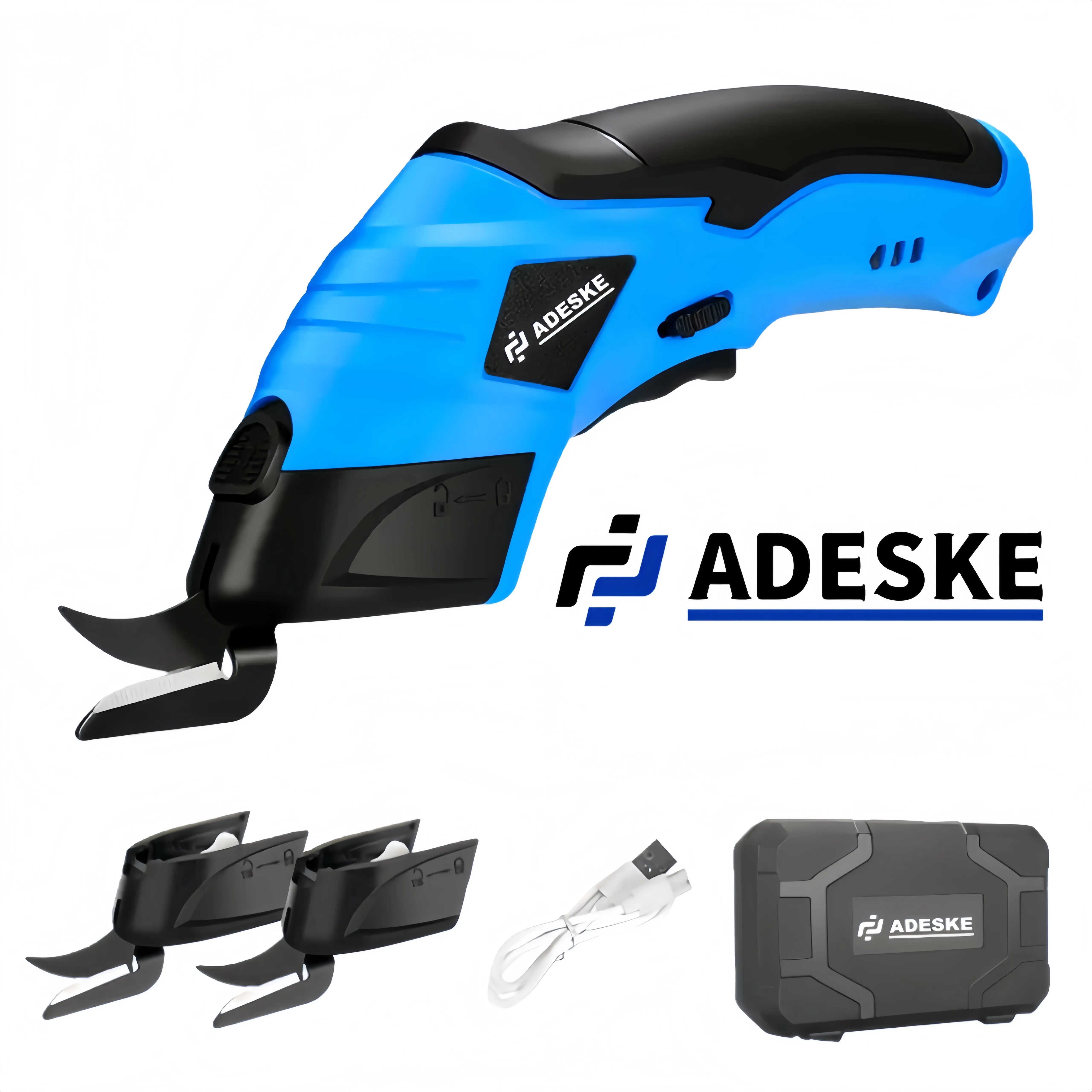 ADESKE cordless electric scissors, suitable for cutting cardboard boxes, carpets, plastics, and fabrics. The tungsten carbide blade makes cutting easy. A great household cutting tool.