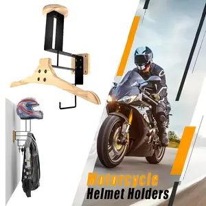 Motorcycle Helmet & Gear Display Rack, 1 Count Wall Mounted Helmet Holder with Detachable Hooks, Home Multifunctional Stylish Organizer for Living Room Bedroom, Metal Wooden Hangable