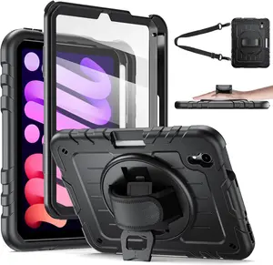 for iPad mini 7 A17 Pro/iPad mini 6 8.3 Inch Case, iPad mini 7th/6th Generation Case (2024/2021) with Pencil Holder/Kickstand, Hand Strap/ Strap, Black