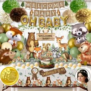 RainMeadow Premium Woodland Animal Baby Shower Decorations - Forest Animal Theme Kit for Boy or Girl with Backdrop, Balloons, Banners, Tablecloth