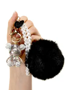 Kawaii Cute Bear Keychain for Women, Bling Gummy Bear Pom Pom Key Chain Girly Wristlet Keychain for Backpack, Keychain Charm