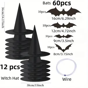 12 Pieces Halloween Witch Hats Plus 60 Bat Wall Decor, Black Hanging Witch Hat, Witch Costume Accessories Witch Hat with Rope Wizard Hat Indoor and Outdoor Halloween Decorations for Home Yard Porch Ceiling Set Lightweight