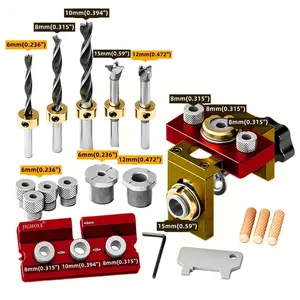 Woodworking 3 in 1 Doweling Jig Kit, Adjustable Wood Dowel Punch Locator, Aluminum Pocket Hole Jig, Cabinet Hole Drill Guide Tool, Drill Bits