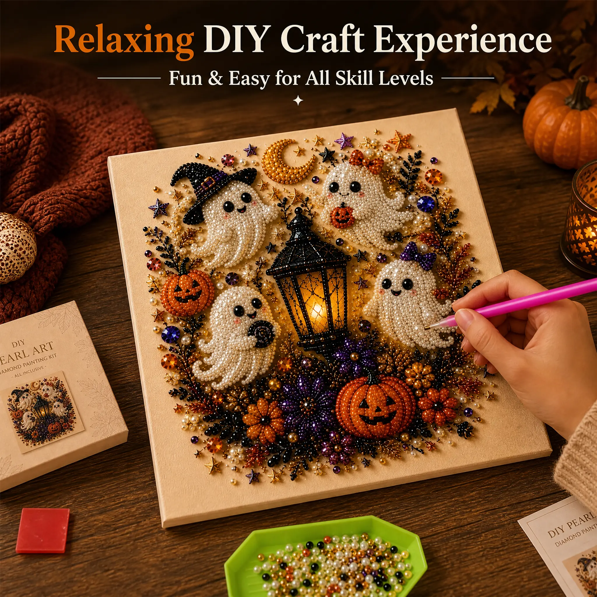 Spooky Cute Ghost No-Light 3D Diamond Art Kit - Halloween Aesthetic Festive Crafting Set with Pearl Gems, Indoor Wall Decor for Household & Holiday Party Gifts (Indoor Recreation Craft)