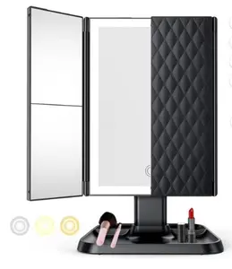Fitfort Makeup Vanity Mirror with Lights and Magnification, Foldable Trifold Mirror, Portable Lighted up Mirror with 72 LED, Black