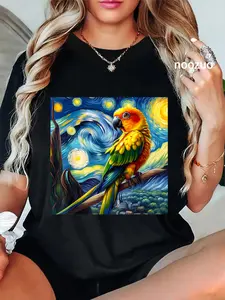 100% Cotton Sun Conure Mom Starry Night Sky Art Van Gogh Bird Parrot T-Shirt