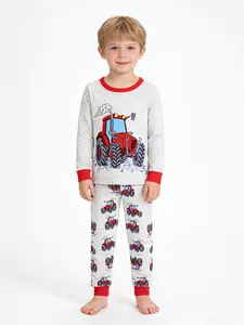 Boys Round Neck Long Sleeve Pajama Set, Tractor Print Casual Homewear 2 Piece Set, Slim Fit All Seasons Sleepwear