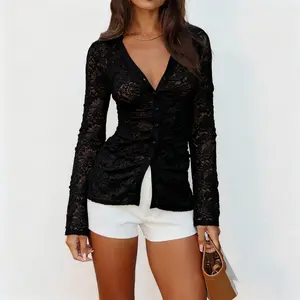 XY25360PFO-Womens Lace Sheer Polo Collar Tight Tops V-neck Long Sleeve Bodycon Casual Tops