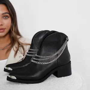 TUNDRA; Women’s Ankle Booties, Leather, Silver Pointed Toe, Square Heel, Silver Chains & V Cutout