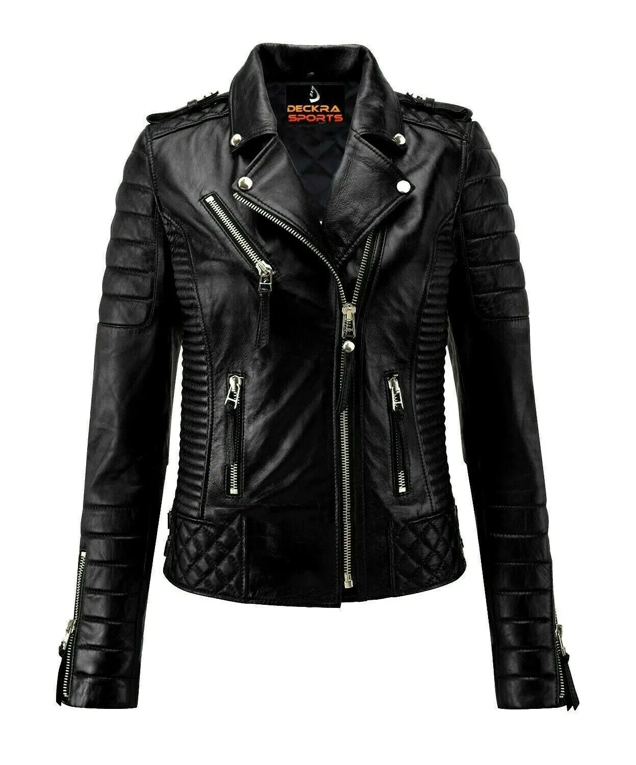 Deckra Women's Biker Tops - Fitted Retro Cafe Racer Faux Leather Coats with Polyester Lining and Zipper Pockets, Biker Jacket, Zippered