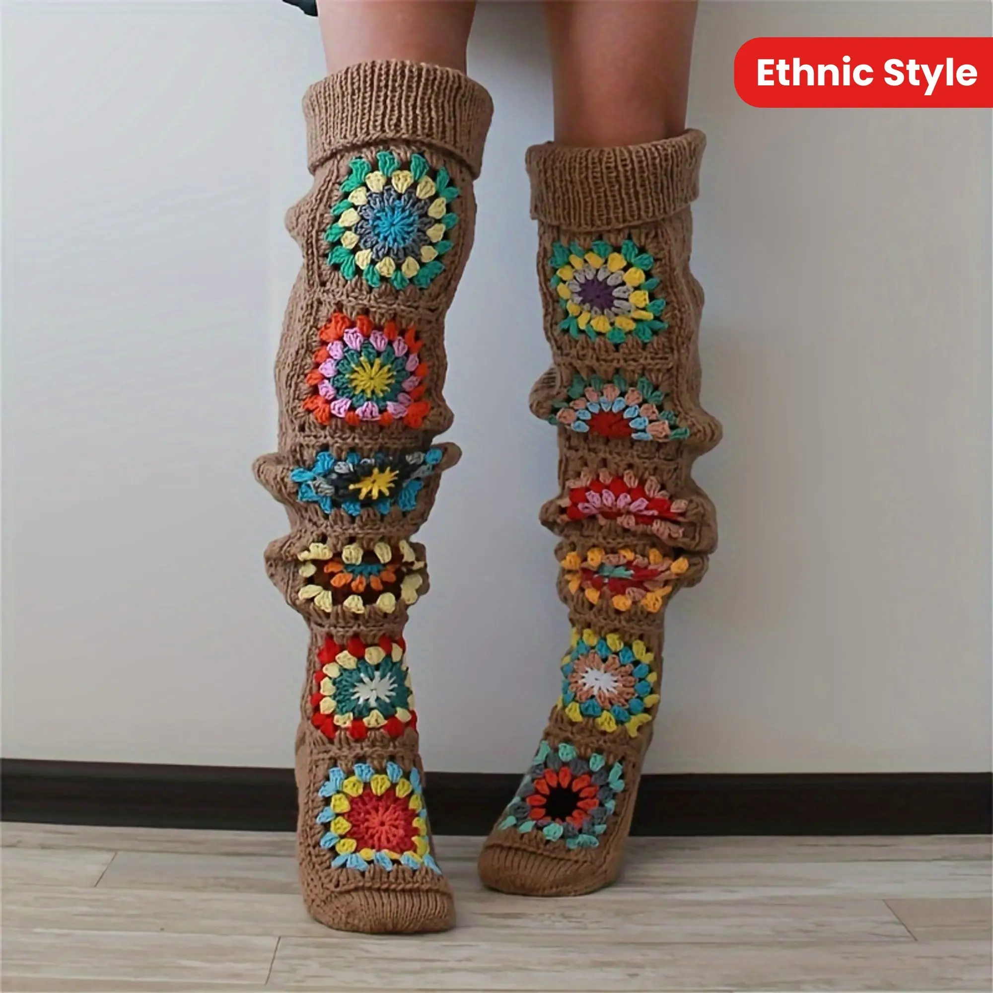 Vintage Bohemian Handmade Crocheted 1 Pair Knee Length Stockings - Warm And Fashionable Autumn And Winter Women's Clothing Accessories Socks