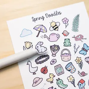 Spring Doodles Deco Planner Sticker Sheet Flower Duck Rainbow Frog Bird Bunny Basket Clover Birdhouse Kite Cherry Blossom Bumble Bee Bujo Cute Kawaii