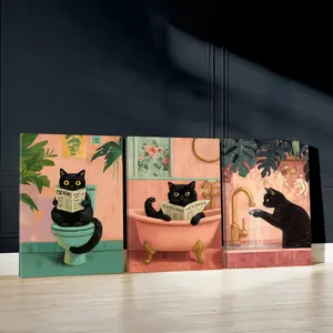 3pcs Black Cat Wall Art, Relaxation Time Poster, Vintage Bathroom Art Prints, Playful Scenery Home Decor, Modern Wall Paintings, Cozy Canvas Posters Wall Arts, Decor for Living Room, Restaurant, Kitchen, Bedroom, Housewarming Gift, With Frame