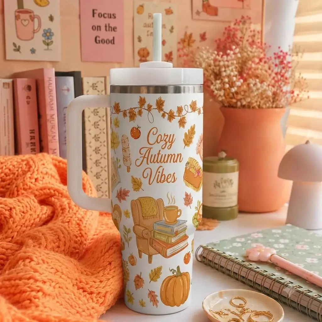 [MADE IN US] Fall Tumbler 40oz, Autumn Leaves Tumbler, Cozy Fall Cup, Stanley Style Handle Mug, Pumpkin Season Gift, Cute Autumn Travel Cup