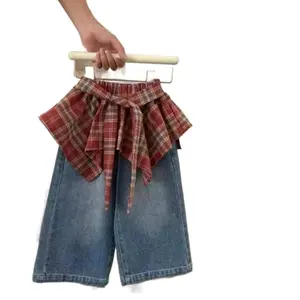 Girls' Pants 2025 New Stylish Little Girl Good-looking Retro Red Checkered Lace Up Fart Curtain Skirt Pants