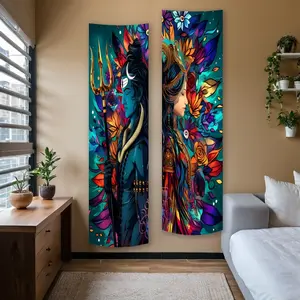 Shiva Parvati Vertical Banner Tapestry Wall Hanging Floral Flower Long Narrow Wall Tapestry Vibrant Colorful Aesthetic Art Tapestries Ideal Gifts for Home Decor Enthusiasts Polyester Stitched Edges Wall Decor for Bedroom Living Room