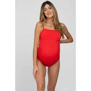 Red Ribbed One-Piece Maternity Swimsuit
